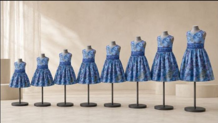 A fitting row of matching dresses in graduated sizes