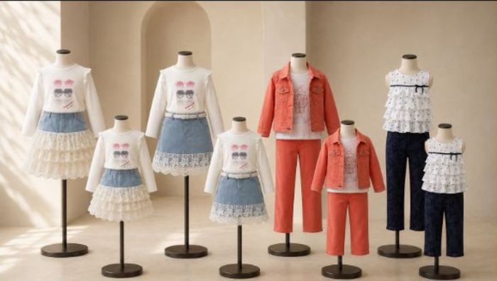 A range of finished children's garments on mannequins